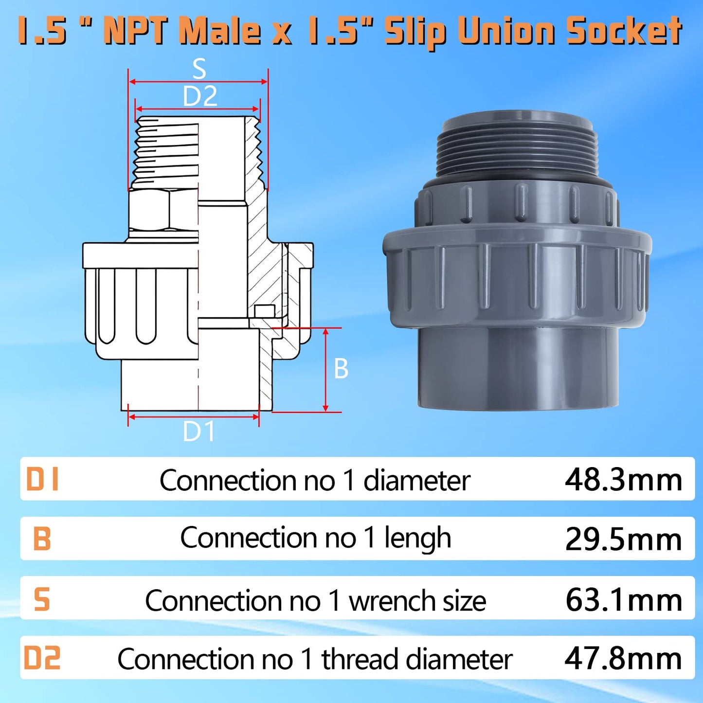 1.5  NPT Male x 1.5" 5lip Union 5ocket