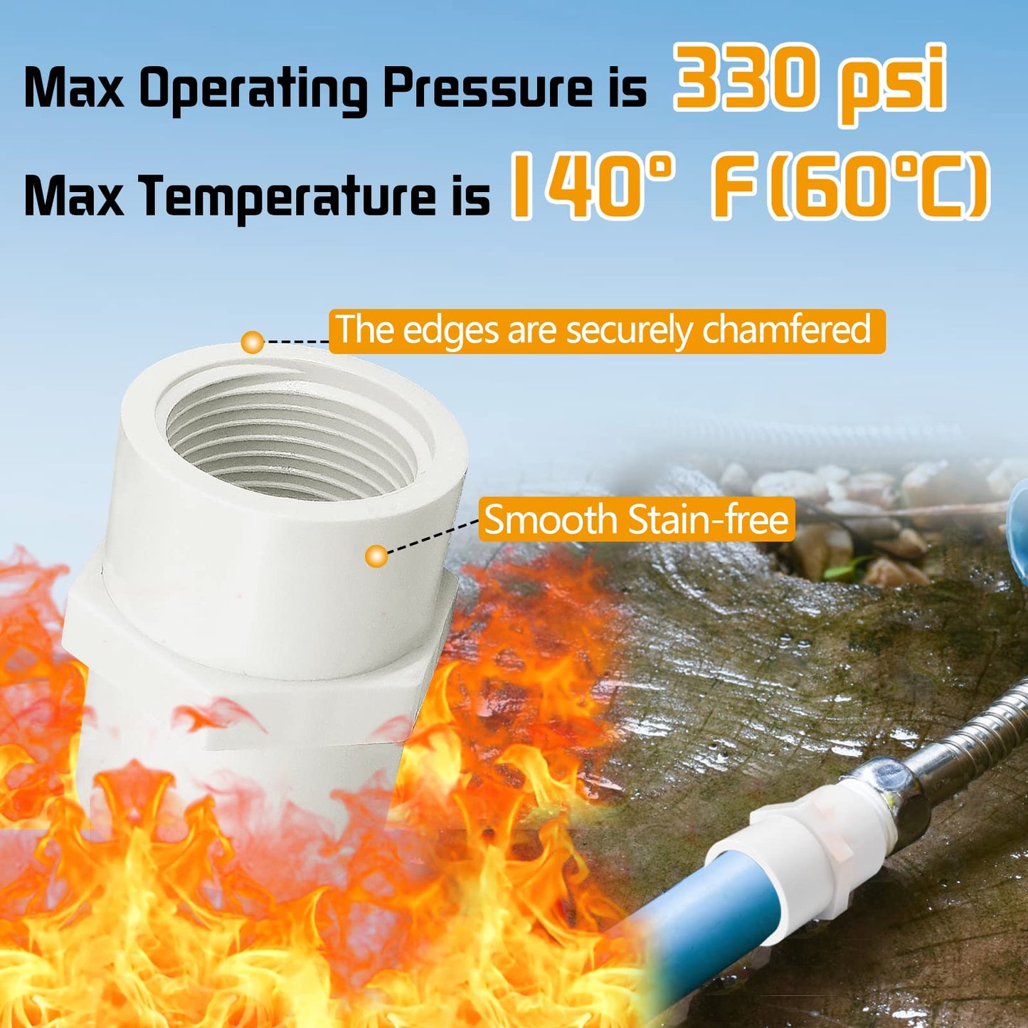 The 1 inch PVC pipe fitting with slip opening on one end and male NPT threads on the other for connecting to pipes with different ends. Max operating pressure is 330 psi, Max temperature is140° F (60° C).