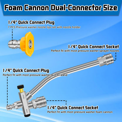 Herramienta de conector doble para lavadora a presión Boltigen con 7 puntas de boquilla para lavadora a presión, interruptor de conexión rápida de 1/4, accesorio de doble punta para cañón de espuma 