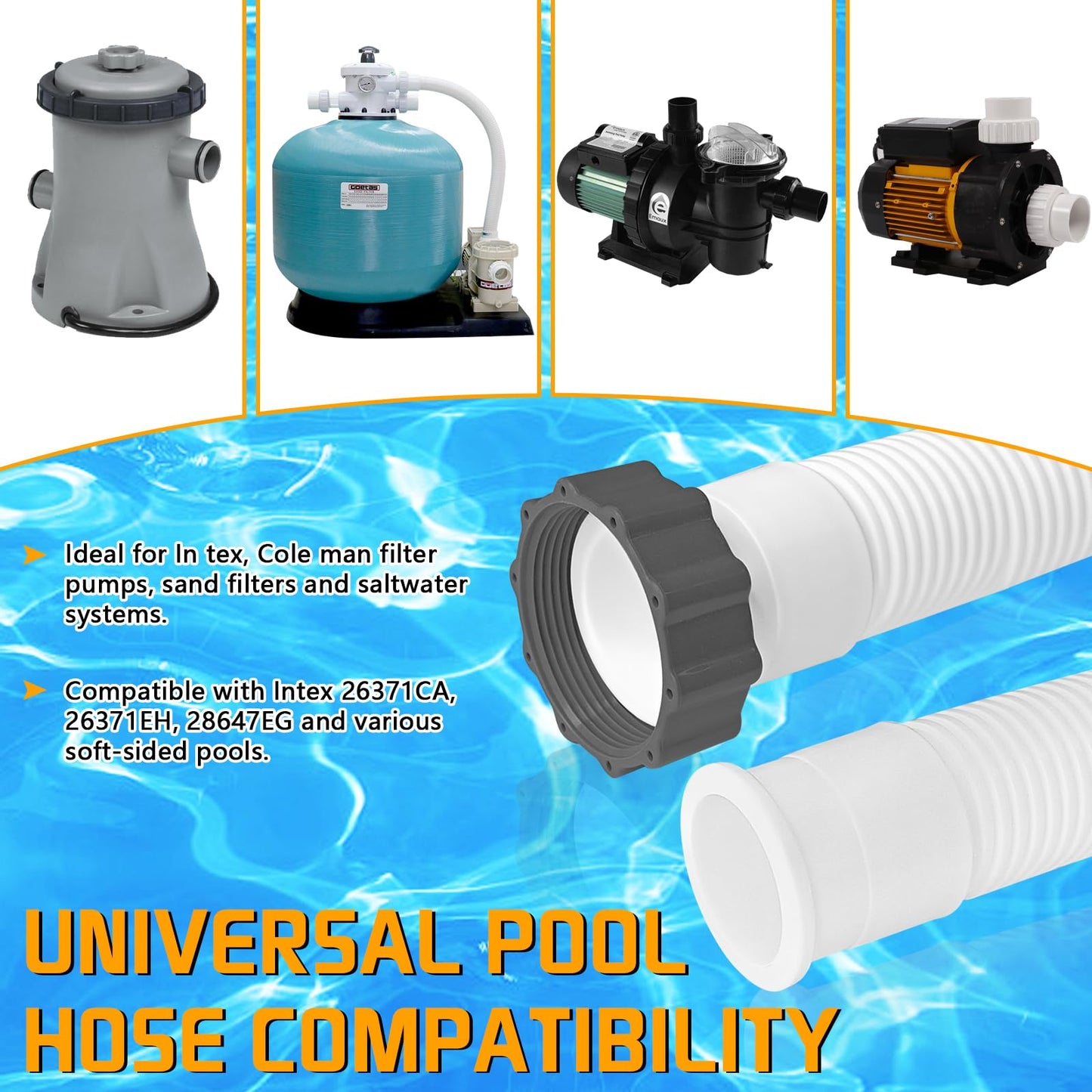 2Pcs 1.5’’ Diameter Pool Hose with 2 Type B Hose Adapters