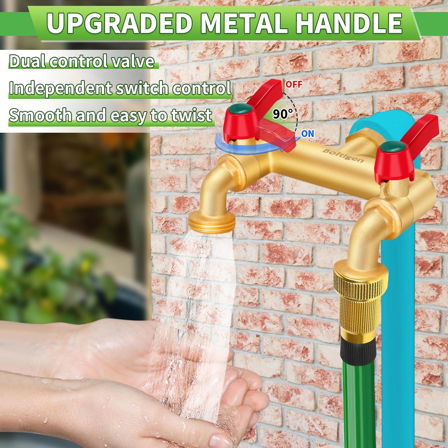 The connector is straight down to prevent water hose bend and fold, avoid hose breakage and leak. The extended handle allows you to open and close the each valve with ease and independent.