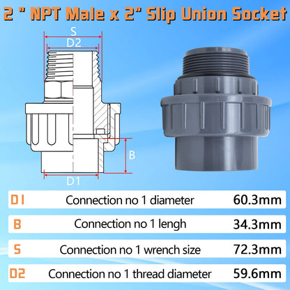 2" NPT Male x 2" Slip Union Socket Joint Adapter Connector End