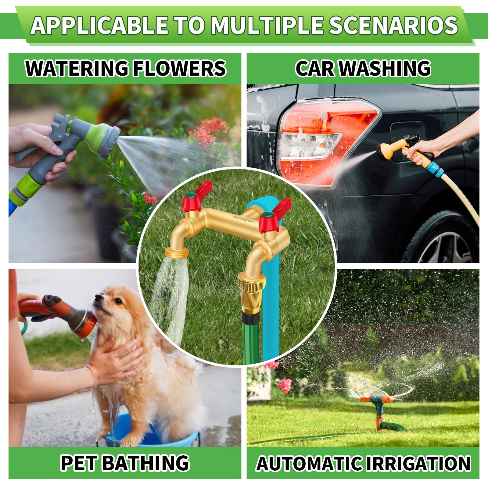 Outdoor hose splitter 2 way is suitable for garden hose, watering device, camper, washing machine, faucets, lawn sprinkler, etc. Ideal for watering your garden, lawn, or washing your car.