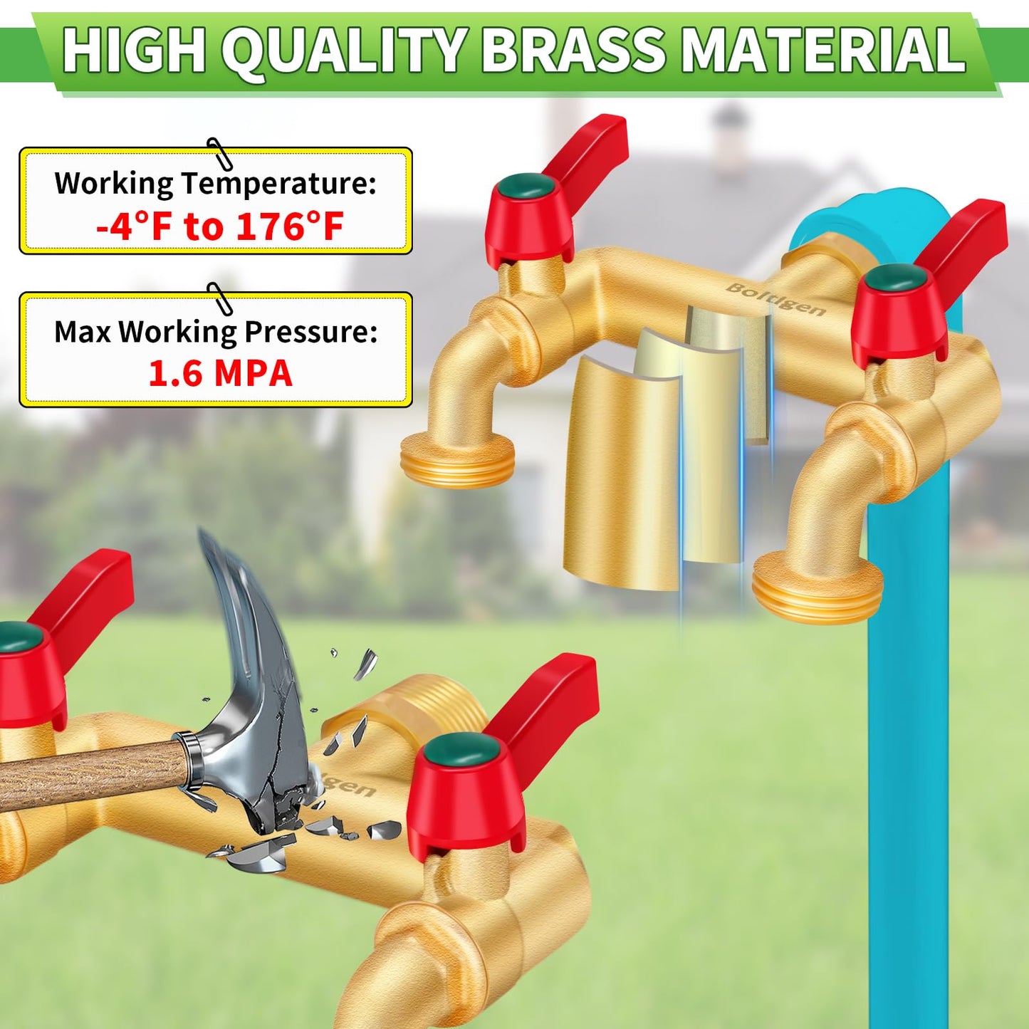 Our garden hose manifold is made from heavy duty brass, ensuring longevity, corrosion resistance, and reliable performance in outdoor conditions.