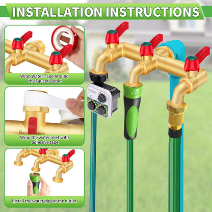 Boltigen Divisor de válvula de manguera de agua de 3 vías, grifo de manguera de jardín de alto flujo de latón, entrada de 3/4 NPT a salida de 3/4 GHT, divisor de manguera de jardín de tres vías con apagado