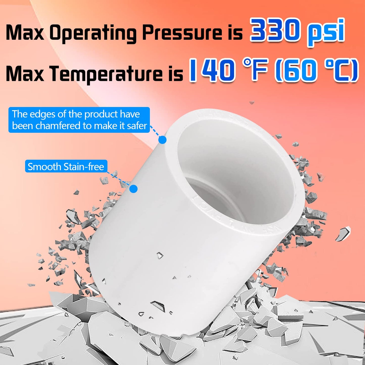 pvc pip couplings's Max operating pressure is 330 psi, Max temperature is140° F (60° C).