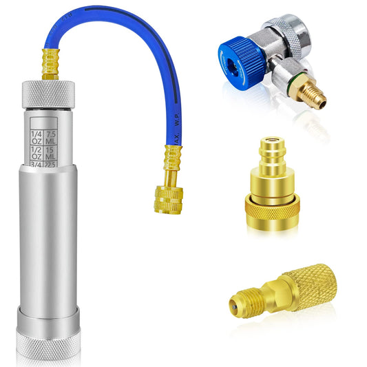 AC Oil Dye Injector Kit, A/C Oil and Dye Injector Backflow Prevent with R134a Adjustable Quick Coupler, R1234YF Quick Coupler, R410 Mini Split Adapter for R134A R22 R12 R1234YF Refrigerant System