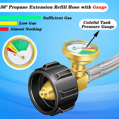 Upgraded Propane Refill Adapter Hose with Gauge and ON/Off Valve (Stainless Steel)