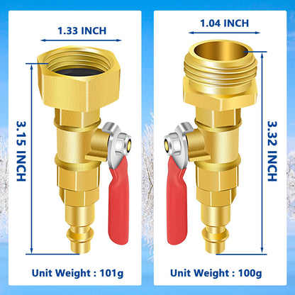 RV Winterize Blowout Adapter Kit, RV Sprinkler Wintering Blowout Adapter for 1/4" Quick Connect Plug and 3/4" GHT Garden Hose, Brass Winterize Quick Adapter with Shut Off Valve for RV Camper Trailer