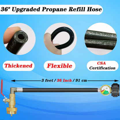 Upgraded Propane Refill Adapter Hose with Gauge and ON/Off Valve (Rubber)