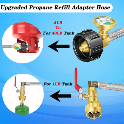 Upgraded Propane Refill Adapter Hose with Gauge and ON/Off Valve (Stainless Steel)