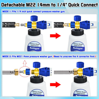 Cañón de espuma para lavadora a presión con herramienta de doble conector, pulverizador de lavado a chorro con lanza de espuma para lavadora a presión con M22-14 y conexión rápida de 1/4 de pulgada 