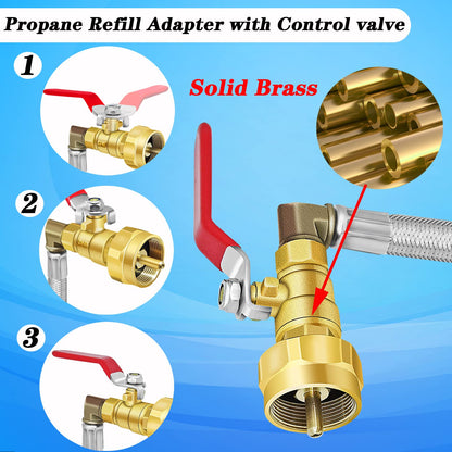 Upgraded Propane Refill Adapter Hose with Gauge and ON/Off Valve (Stainless Steel)