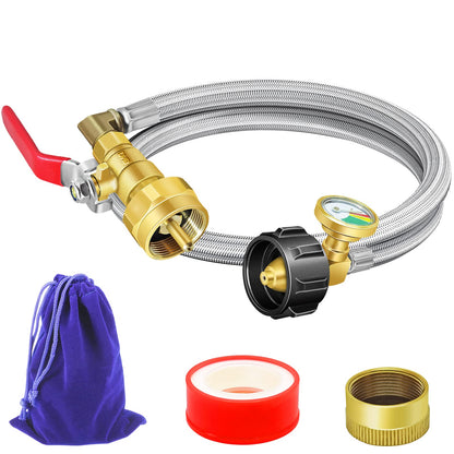 Upgraded Propane Refill Adapter Hose with Gauge and ON/Off Valve (Stainless Steel)