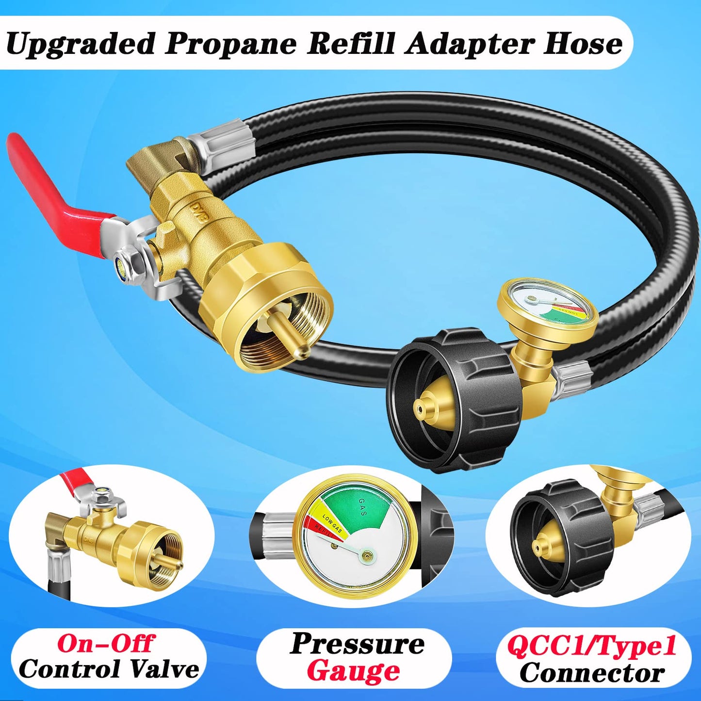 Tuyau adaptateur de recharge de propane amélioré avec jauge et valve marche/arrêt (caoutchouc) 