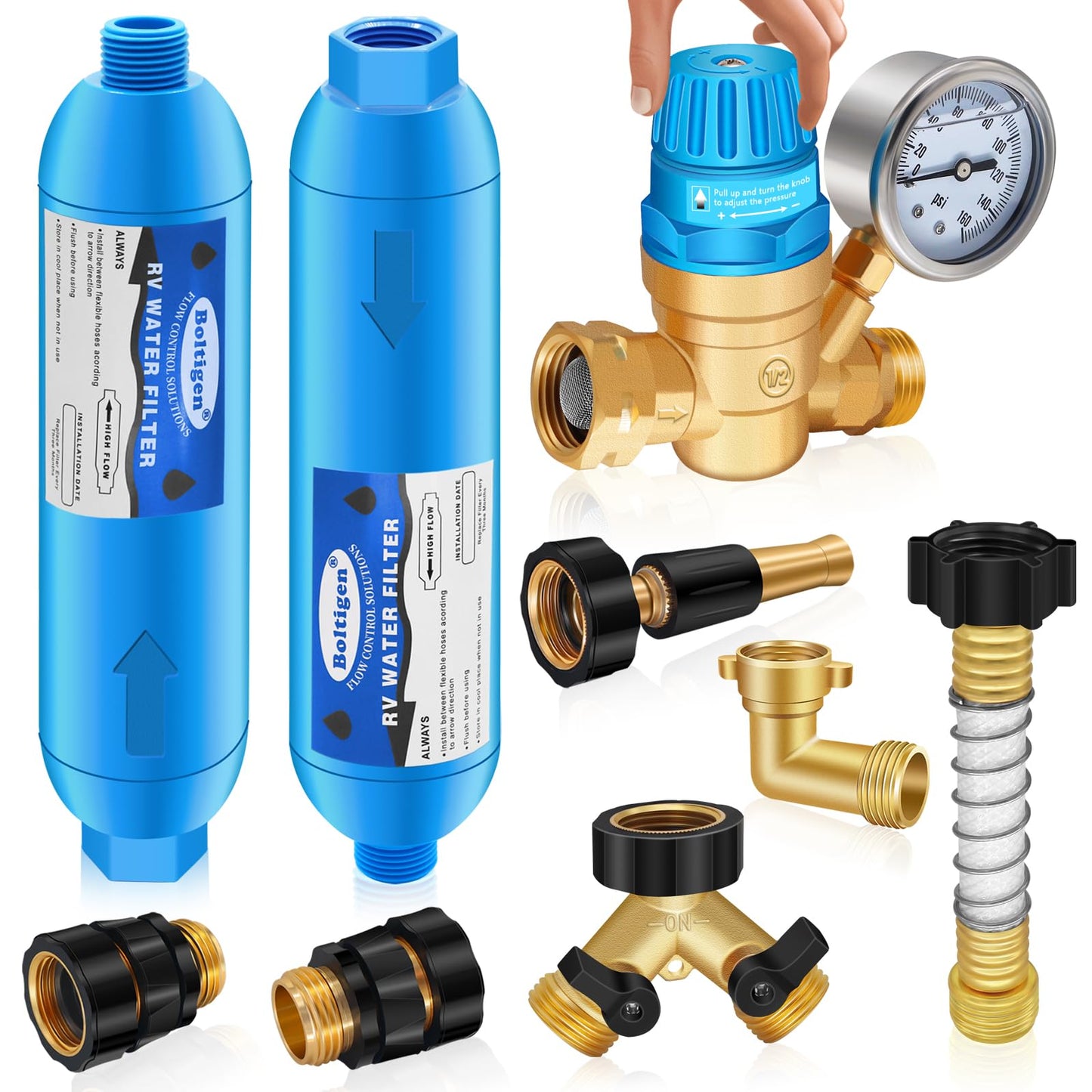 RV Water Filter with RV Water Pressure Regulator Kit and RV Fresh Water Hose Kit