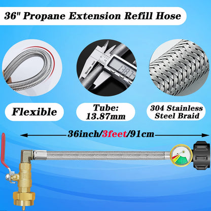 Upgraded Propane Refill Adapter Hose with Gauge and ON/Off Valve (Stainless Steel)