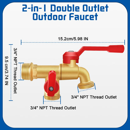 Boltigen Grifo de agua para grifos dobles de latón para exteriores, divisor de válvula de bola de agua para jardín montado en la pared de 3/4 NPT, grifo exterior a prueba de heladas para exteriores, jardín, hogar, manguera 