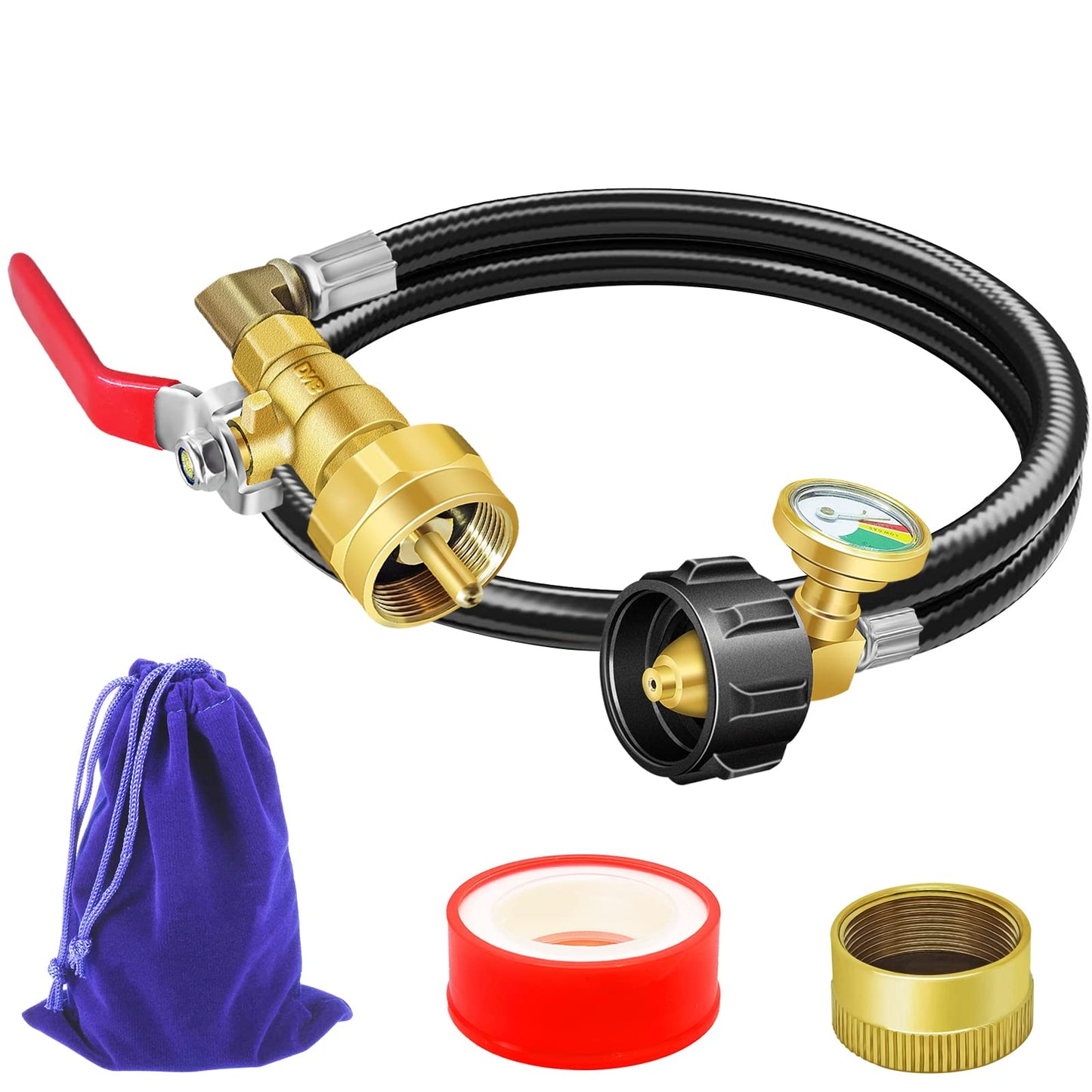 Upgraded Propane Refill Adapter Hose with Gauge and ON/Off Valve (Rubber)