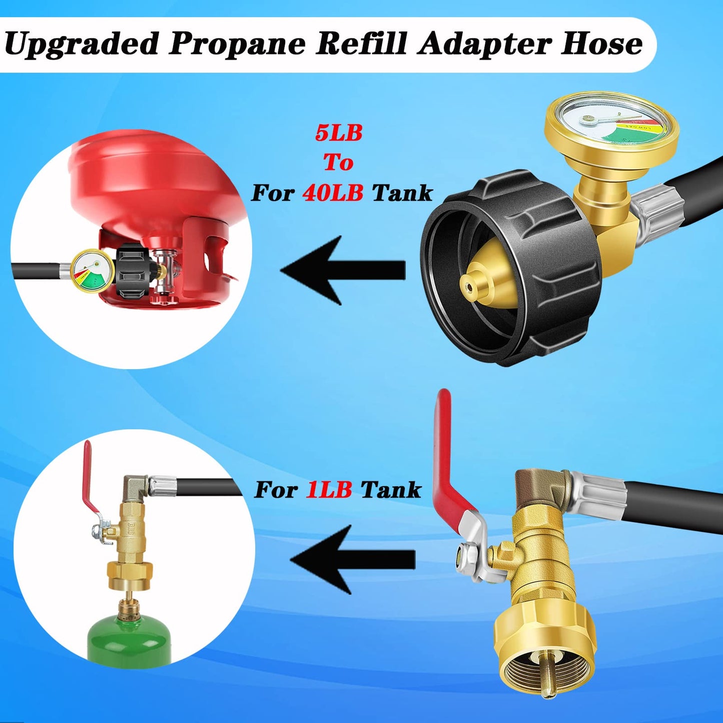 Tuyau adaptateur de recharge de propane amélioré avec jauge et valve marche/arrêt (caoutchouc) 