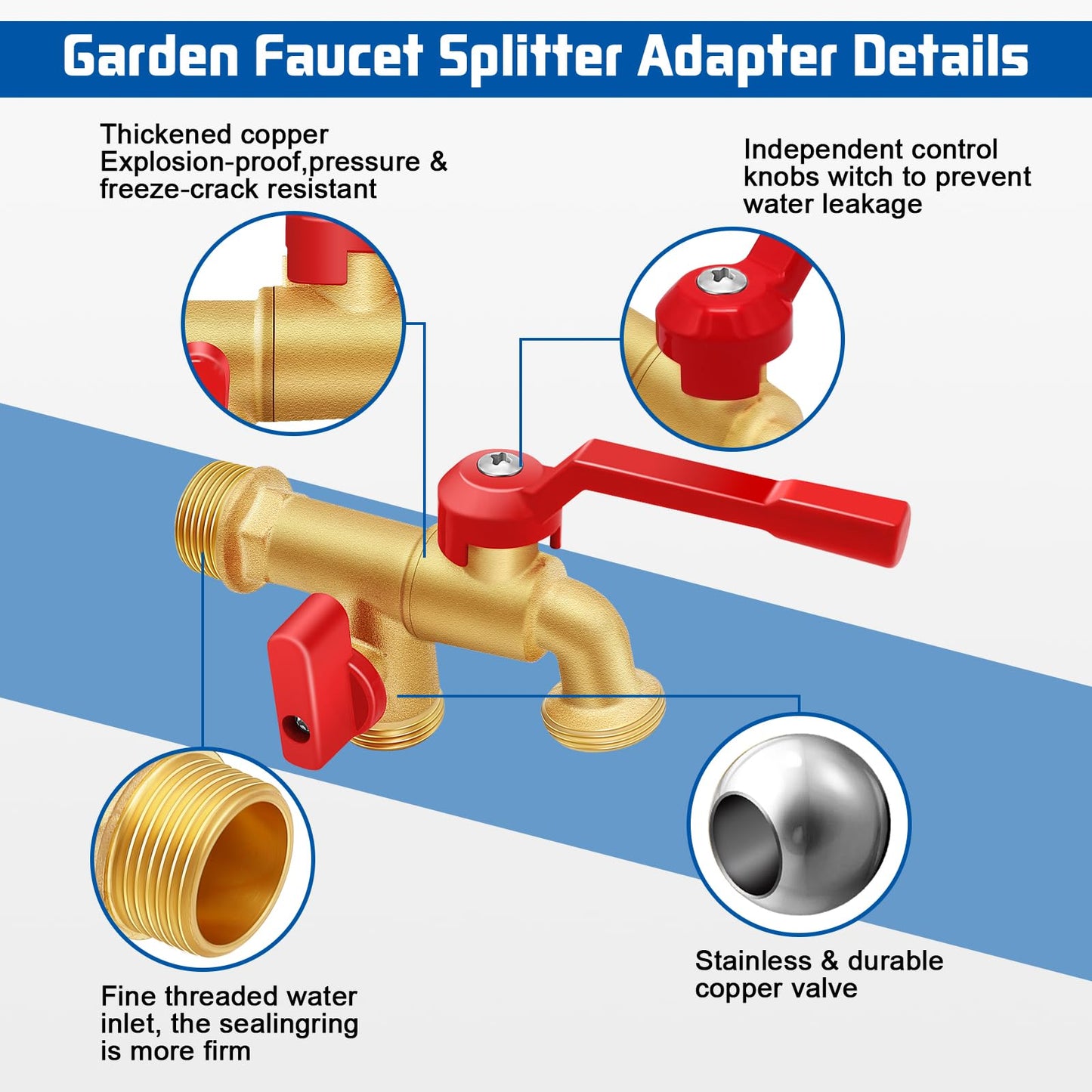 Boltigen Robinet d'eau extérieur à double robinet en laiton, répartiteur de robinet à tournant sphérique d'eau de jardin mural 3/4 NPT, robinet extérieur antigel pour l'extérieur, le jardin, la maison, le tuyau 