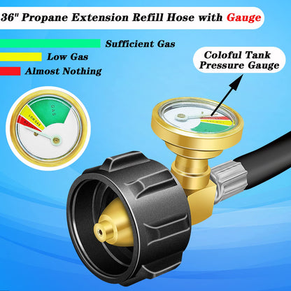 Upgraded Propane Refill Adapter Hose with Gauge and ON/Off Valve (Rubber)