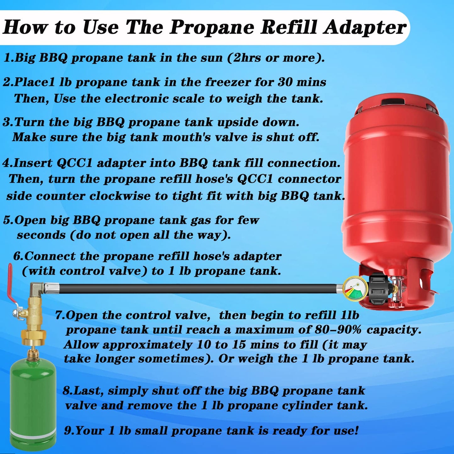 Tuyau adaptateur de recharge de propane amélioré avec jauge et valve marche/arrêt (caoutchouc) 