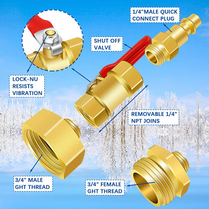 1/4 inch male air compressor quick plug to a female 3/4 inch garden hose inner thread and 1/4 Inch Male Quick Connecting Plug and 3/4 inch Male GHT Thread, this is standard size and can be applied in most cases.