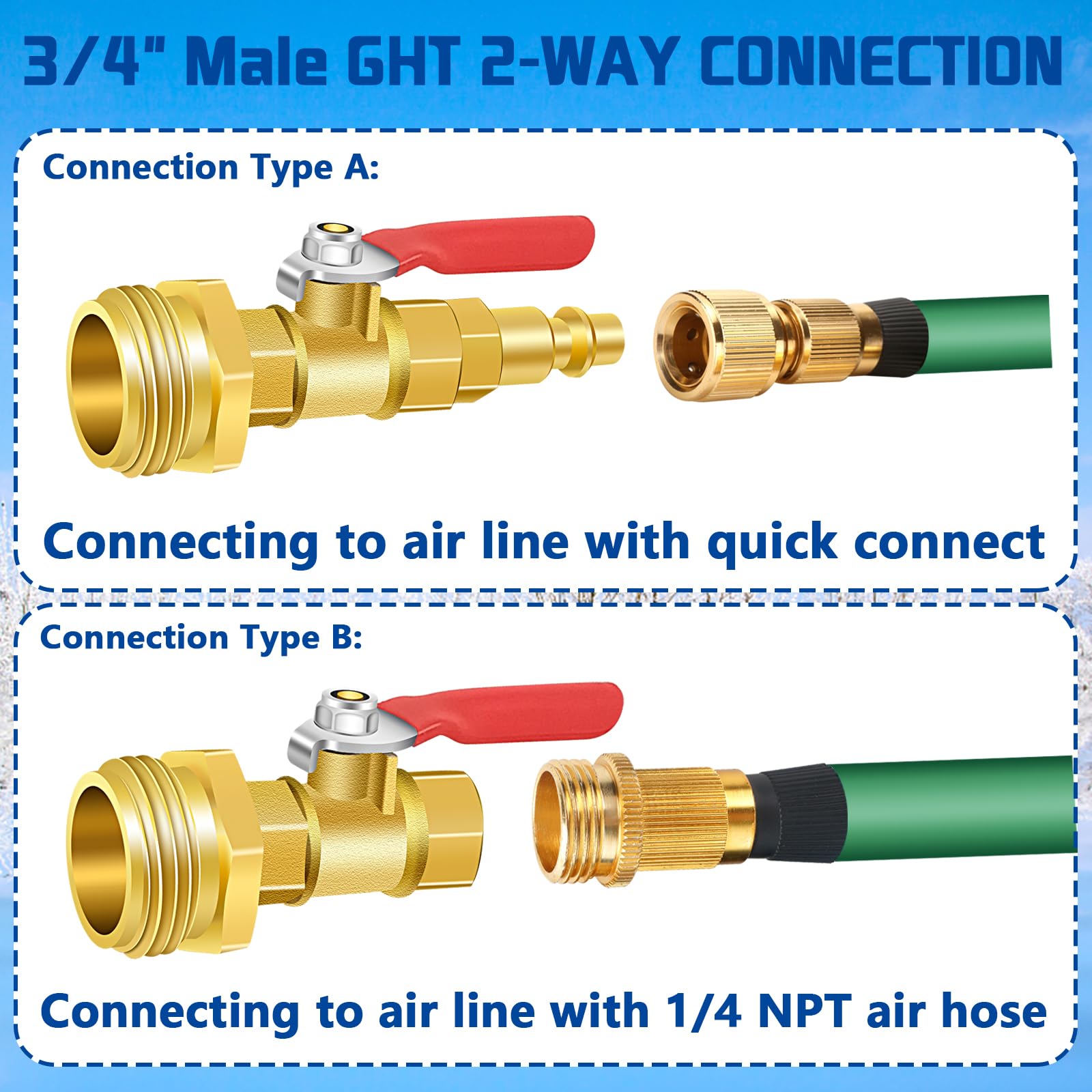 1/4 inch male air compressor quick plug to a female 3/4 inch garden hose inner thread and 1/4 Inch Male Quick Connecting Plug and 3/4 inch Male GHT Thread, this is standard size and can be applied in most cases.