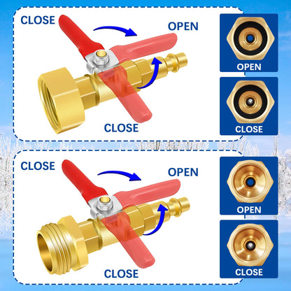 Screw the water lines to the female or male threading side, then connect the quick plug to an air compressor line's female quick coupler. Turn on the air compressor, rotate around ball valve's stem to open/close and modulate the air flow velocity to blow out the water from the water lines.