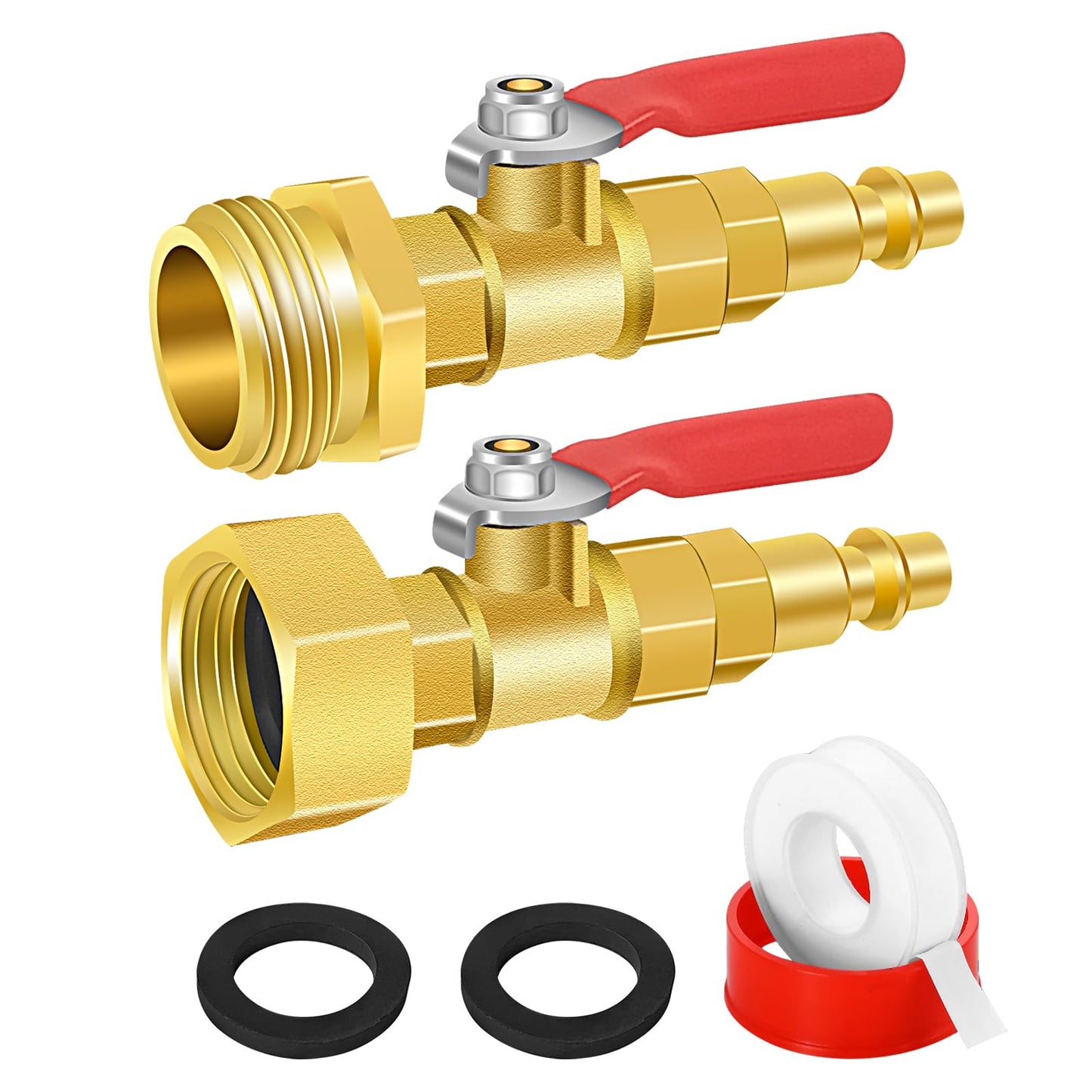 RV Winterize Blowout Adapter Kit, RV Sprinkler Wintering Blowout Adapter for 1/4" Quick Connect Plug and 3/4" GHT Garden Hose, Brass Winterize Quick Adapter with Shut Off Valve for RV Camper Trailer