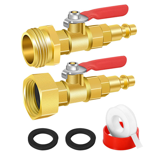 RV Winterize Blowout Adapter Kit, RV Sprinkler Wintering Blowout Adapter for 1/4" Quick Connect Plug and 3/4" GHT Garden Hose, Brass Winterize Quick Adapter with Shut Off Valve for RV Camper Trailer